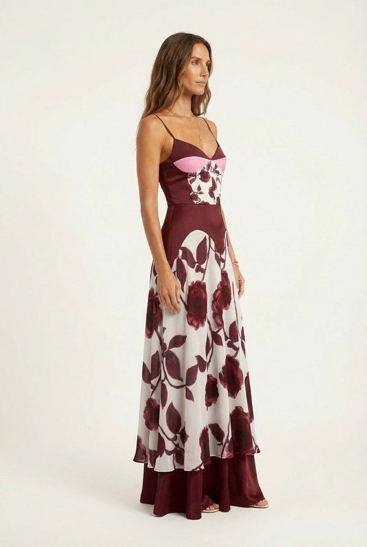 Women's Floral Print Satin Maxi Dress with Bustier Detail Evening Gown