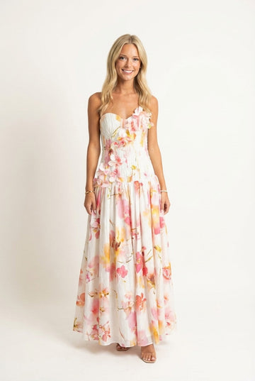 Women's Floral 3D Applique Maxi Dress Strapless Smocked Formal Gown