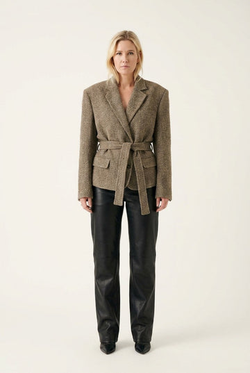 Women's Textured Tweed Belted Blazer Tailored Professional Jacket