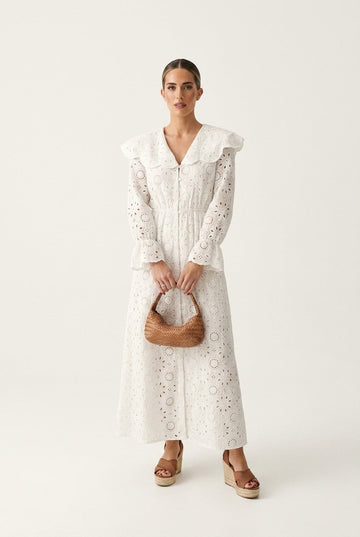 Romantic White Eyelet Cotton Maxi Dress with Ruffled Sailor Collar