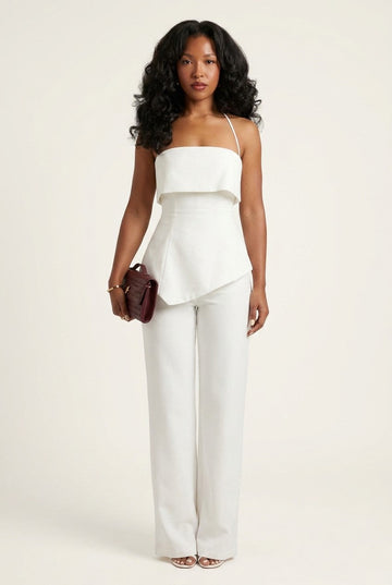 Women's White Crepe Asymmetric Blouse and Trousers Set for Bridal Chic