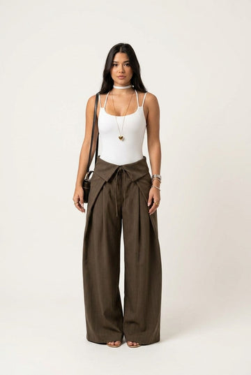 Women's Brown Pinstripe Trousers Fold-Over Waist Wide Leg Office Chic