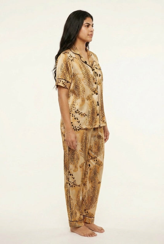 Women's Satin Cheetah Print Shirt and Pants Pajama Set for Luxury Lounging