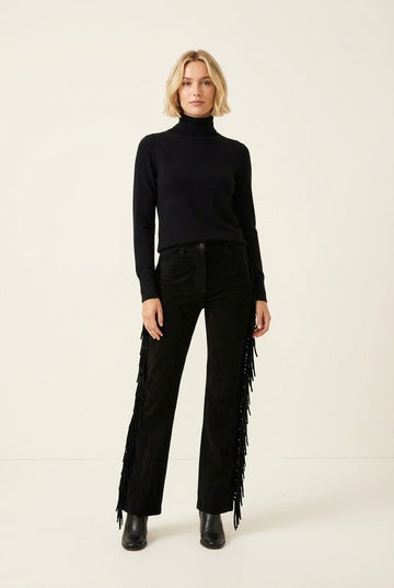 Women's Black Suede Fringe Pants High Waisted Western Style Trousers
