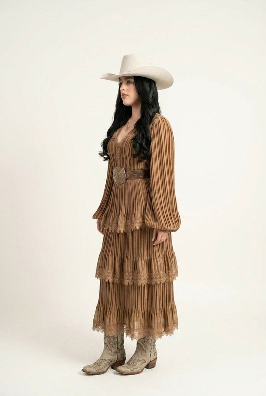 Women's Pleated Lace Trim Tiered Dress With Bishop Sleeves
