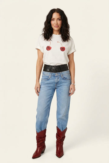 Women's White Cotton Crew Neck T-Shirt with Cherry Print Casual Fit