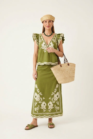Women's Embroidered Linen Blouse and Skirt Set with Ruffle Sleeves