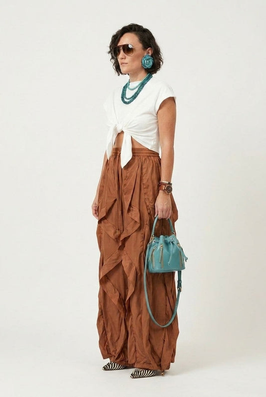 Women's White Cotton Tie-Front T-Shirt and Ruffled Pants Set Bohemian Chic