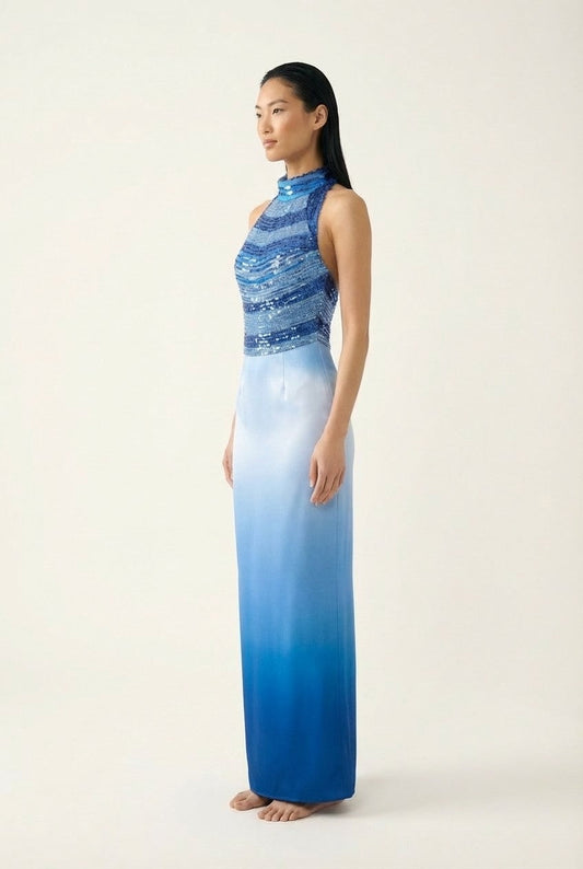 Women's Sequin Halter Ombré Satin Maxi Dress, Slim Fit Evening Gown