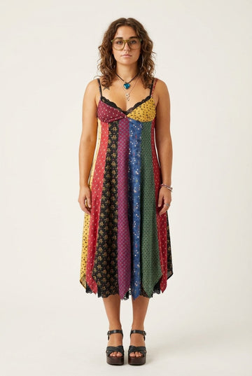 Women's Patchwork Lace Trim Midi Dress Handkerchief Hem Boho Vibe