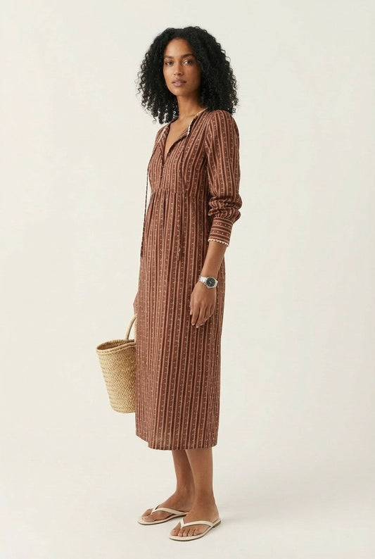 Women's Striped Cotton Midi Dress V-Neck Long Sleeve Bohemian Vibe