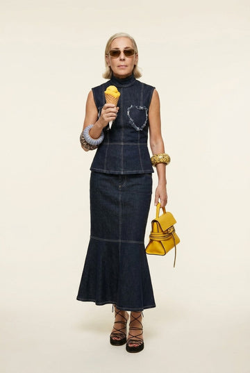 Women's Indigo Denim Vest and Skirt Set With Mock Neck Contrast Stitching