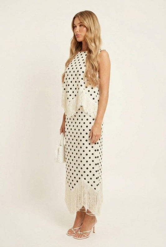 Women's Polka Dot Fringe Blouse and Skirt Set Elegant Summer Party Wear