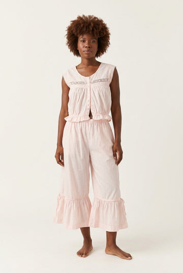 Women's Textured Cotton Blouse and Pants Set, Ruffled Lace Detail