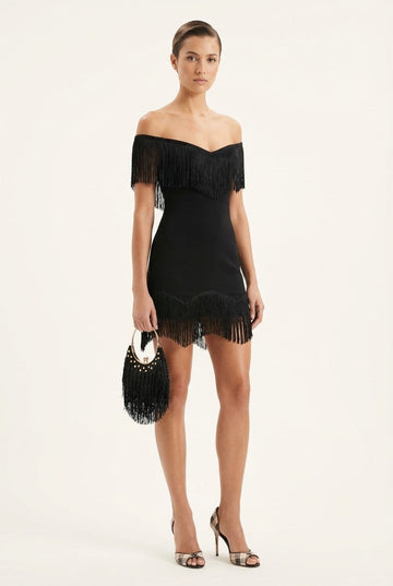 Women's Black Fringe Bardot Mini Dress Bodycon Cocktail Party