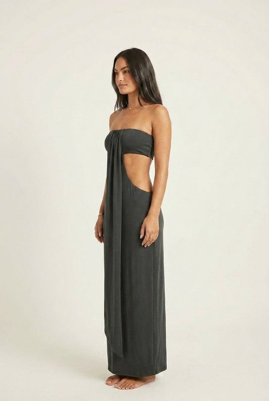 Women's Elegant Strapless Cut-Out Draped Jersey Maxi Dress