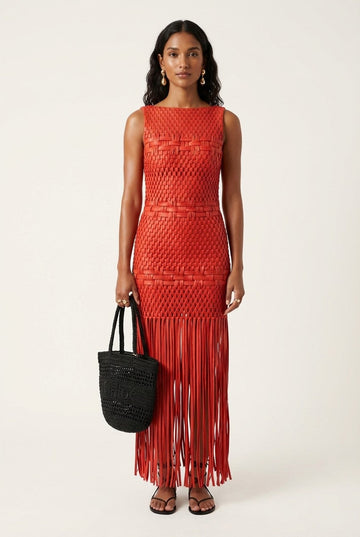 Women's Red Woven Sleeveless Maxi Dress with Statement Fringe Hem