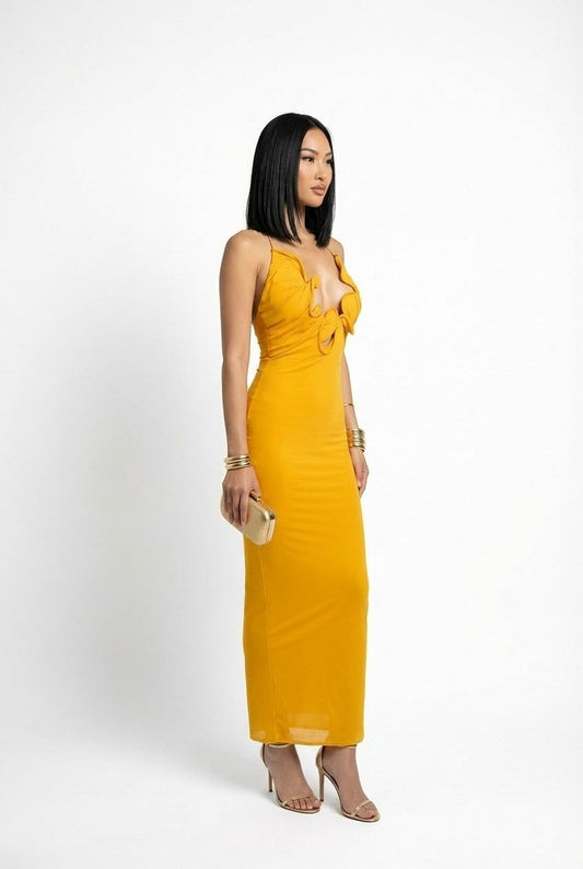 Women's Mustard Yellow Ruffled Cut-Out Maxi Dress Bodycon Evening Gown
