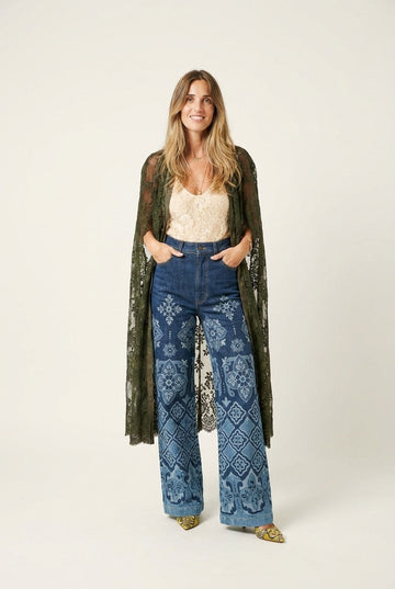 Women's Printed Denim Wide Leg Jeans High Waisted Boho Chic Style