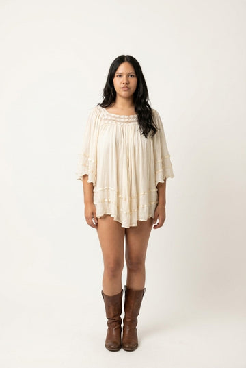 Women's Romantic Cream Gauze Blouse with Crochet Trim and Ruffle Tiers