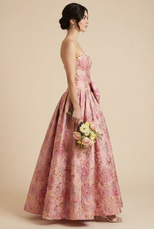 Women's Floral Brocade Strapless Gown With Pearl Trim And Bow Detail Formal
