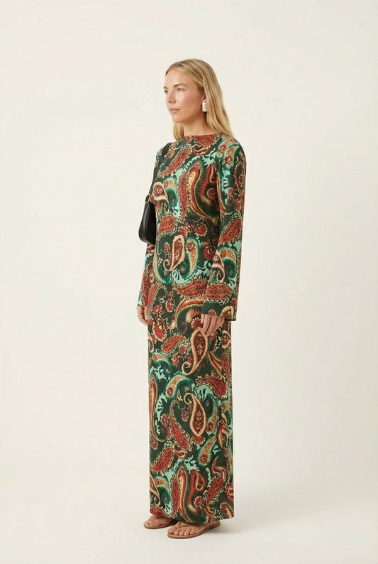 Women's Paisley Print Long Sleeve Maxi Dress with Side Slit Boho Chic