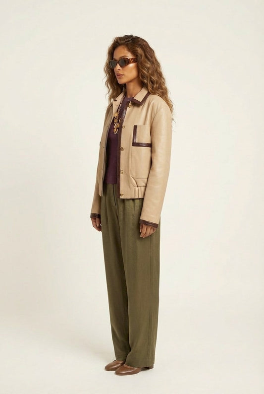 Women's Two-Tone Faux Leather Button-Up Jacket with Contrast Trim