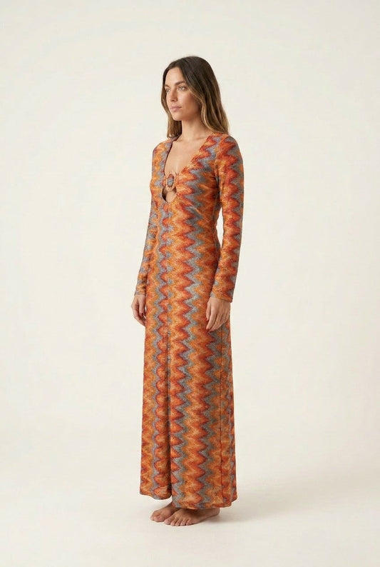 Women's Chevron Knit Maxi Dress with Ring Detail and Cut-Out