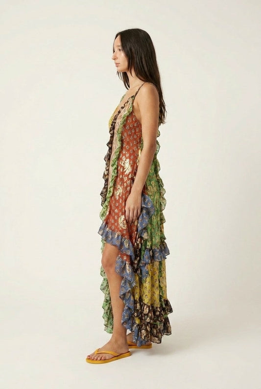 Women's Metallic Patchwork Maxi Dress Ruffled High-Low Hem Summer Party