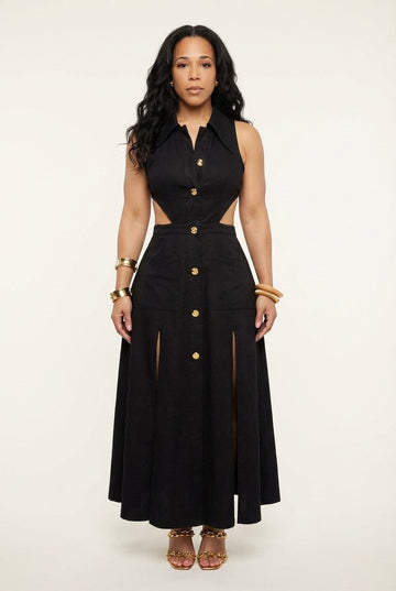 Noir Elegance Buttoned Midi Dress