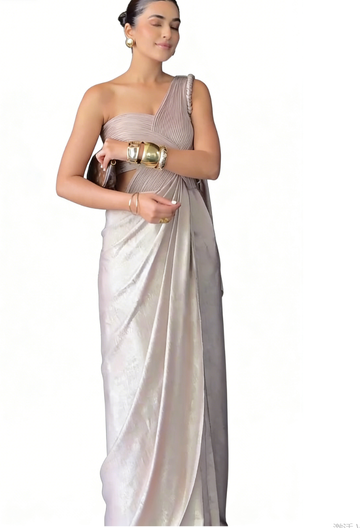 Beige Ruched One-Shoulder Gown