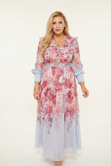 Women's Ruffled Floral Chiffon Maxi Dress with Crochet Waist Detail