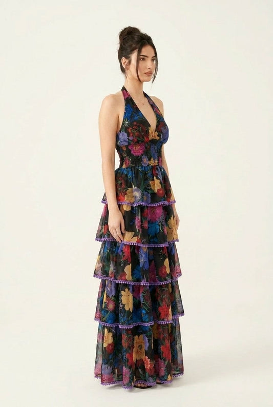 Women's Floral Halter Neck Maxi Dress Smocked Tiered Summer Gown