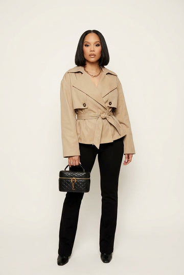 Women's Cropped Belted Trench Jacket in Neutral Beige
