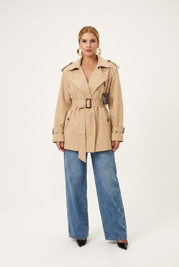 Women's Classic Belted Short Trench Coat with Wide Lapels in Sand