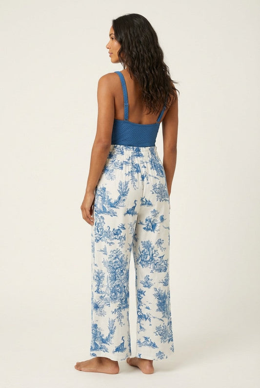 Women's Linen-Blend Swimsuit and Toile Pants Set, Wide-Leg Resort Wear