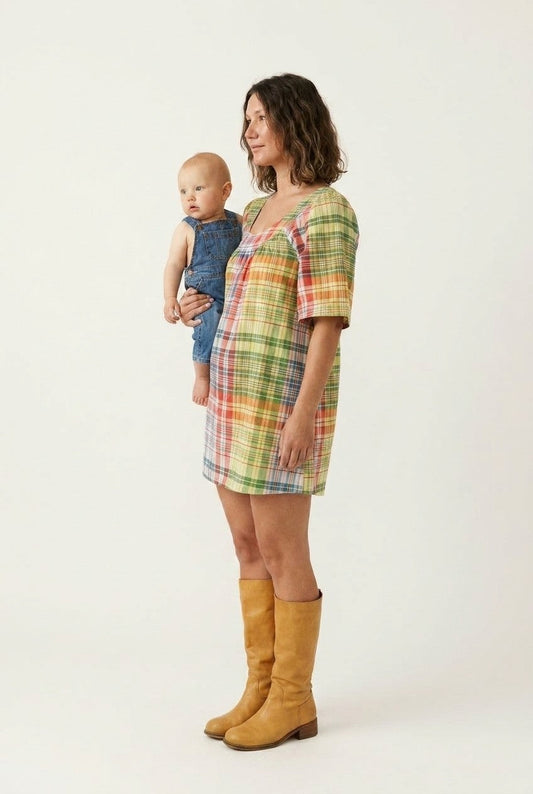 Women's Multi-Color Plaid Cotton Dress, Relaxed Fit Retro Mini