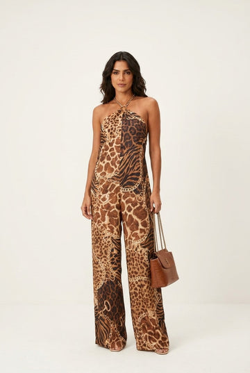 Women's Mixed Animal Print Halter Jumpsuit with Chain Detail