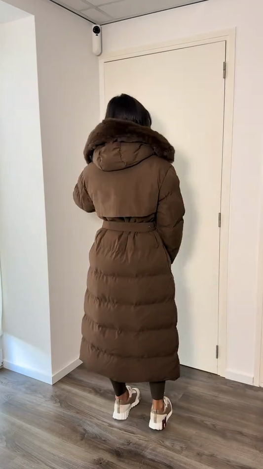 Brown belted down jacket