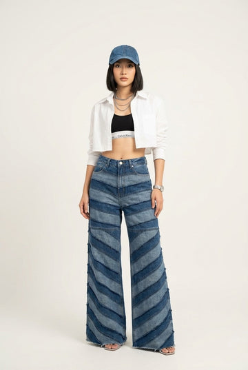 Women's High-Waisted Patchwork Denim Wide Leg Jeans Striped Streetwear