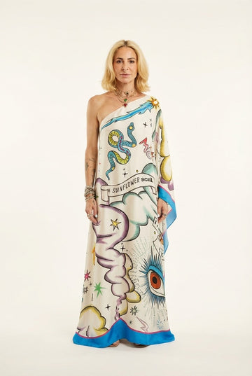 Women's One Shoulder Graphic Print Silk Maxi Dress Sunflower Soul