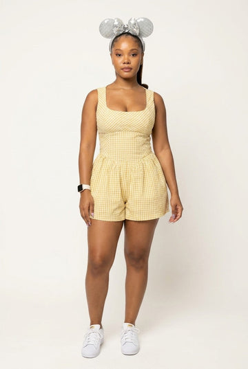 Women's Gingham Check Romper with Fitted Bodice and Square Neckline