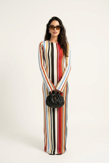Women's Multicolor Vertical Stripe Knit Maxi Dress Long Sleeve Bodycon