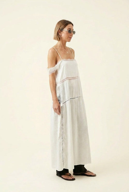 Women's Lace Inset Linen Maxi Dress Cold Shoulder Ethereal Summer Gown