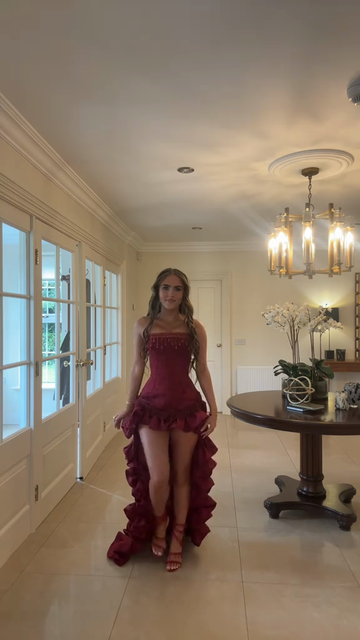 Burgundy Strapless High - Low Ruffled Gown