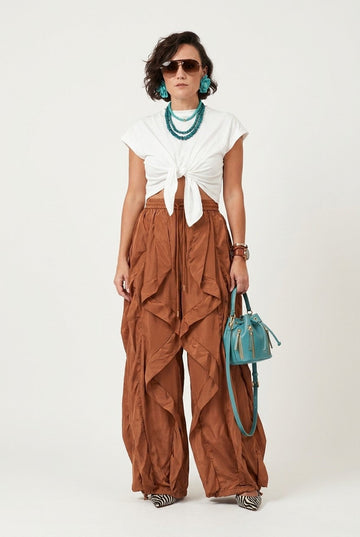 Women's White Cotton Tie-Front T-Shirt and Ruffled Pants Set Bohemian Chic