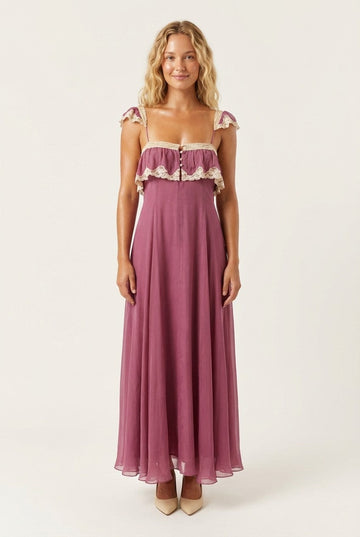 Women's Romantic Lace Trimmed Maxi Dress Ruffled Bodice Garden Party