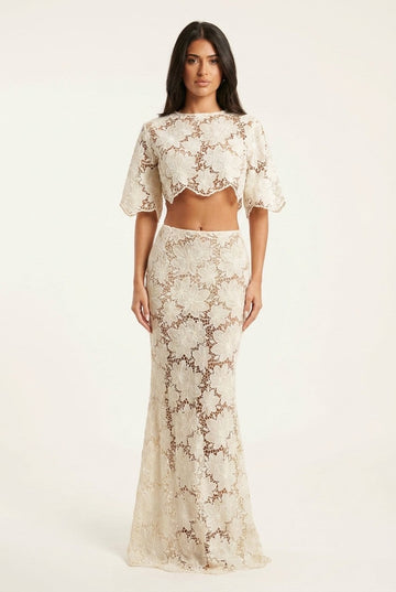 Women's Floral Lace Crop Top and Maxi Skirt Set Elegant Formal Wear