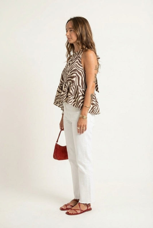 Women's Zebra Print Halter Blouse with Ruffled Peplum Hem