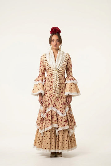 Women's Traditional Floral Polka Dot Flamenco Dress with Tiered Ruffles